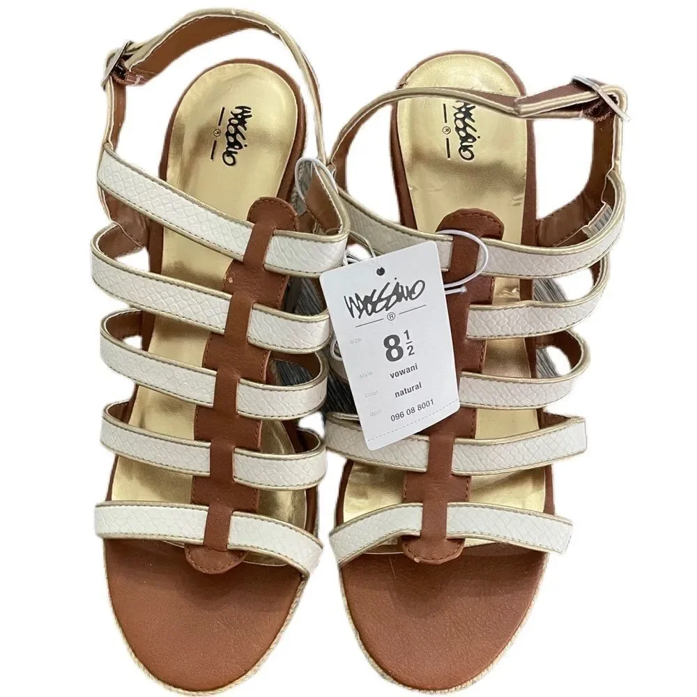 ❣️5/$50 Mossimo size 8.5 tan & white cork style wedges rope braid gold accents.